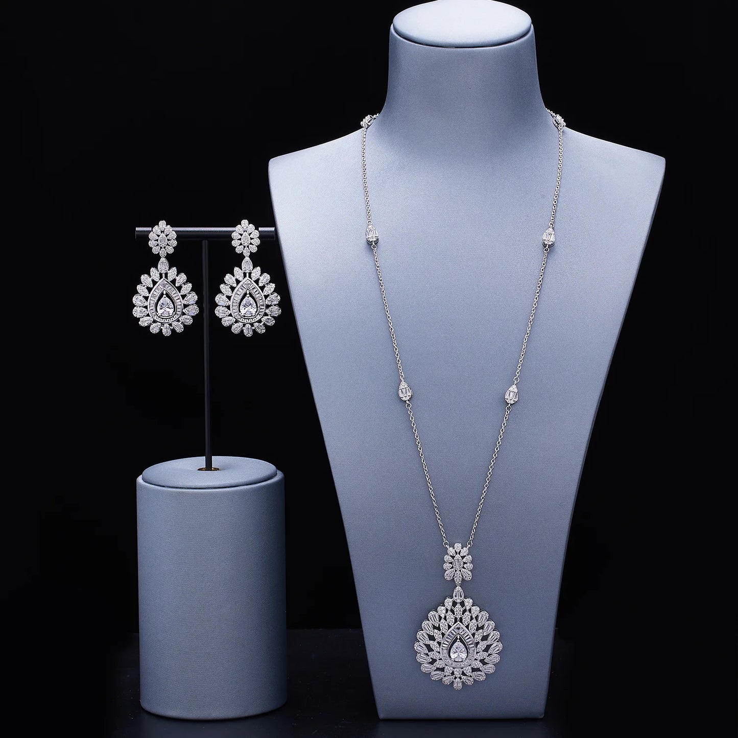 Long Chain Necklace Set for Women Luxury Cubic Zirconia Bridal Jewelry Set Wedding Accessories