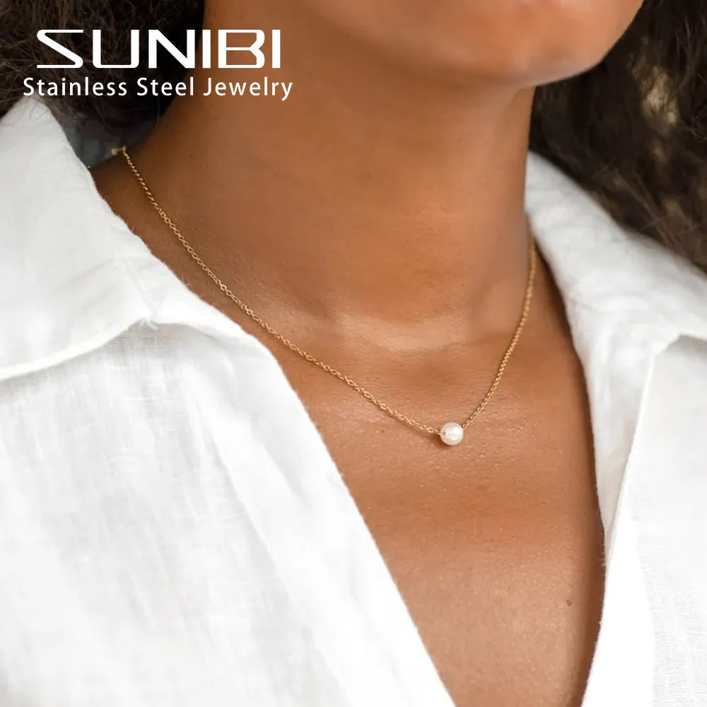 SUNIBI 316L Stainless Steel Choker Necklace for Women Imitated Pearl Dainty Pendant Necklaces Girl Gift Jewelry Accessories