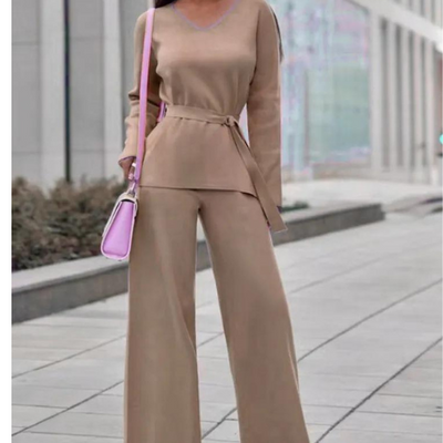 Two Piece Pant Sets for Women Casual V-neck Knitted Sweater Suits New Elegant Women's Sweater with Belt and Wide Leg Pant Sets