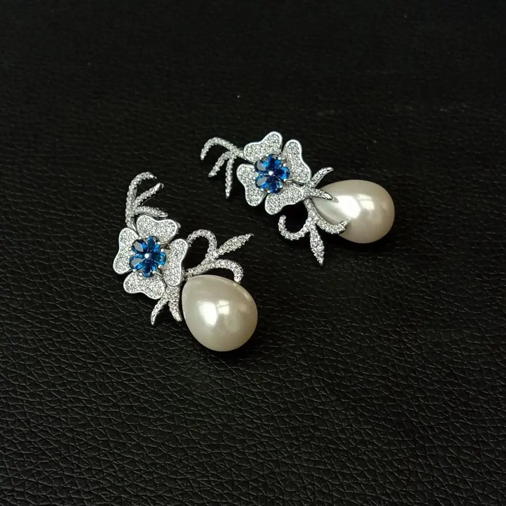 Teardrop White Sea Shell Pearl Blue Cz Pave Flower Stud Earrings