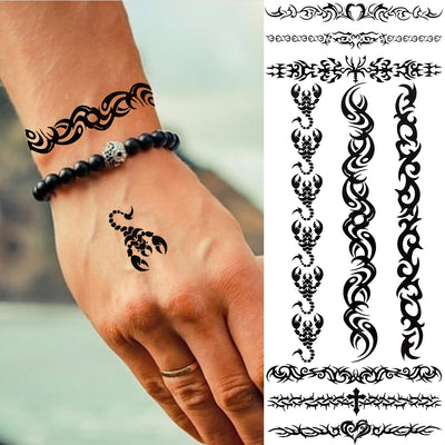 Black Thorns Totem Temporary Tattoo For Men Women Indian Tribal Scorpion Fake Tattoo Sticker Realistic Bracelet Waterproof Tatoo