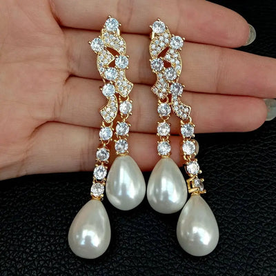 Teardrop White Sea Sell Pearl Cz pave Yellow Gold color Plated Stud Earrings