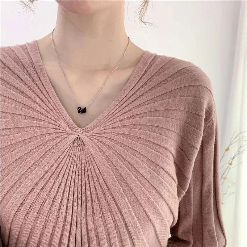 High Elastic Skinny Stretchy Dress Ladies Woolen Dress 2020 Fall Winter Waist Thin V-neck Bottoming Vintage Dress Sexy Dress