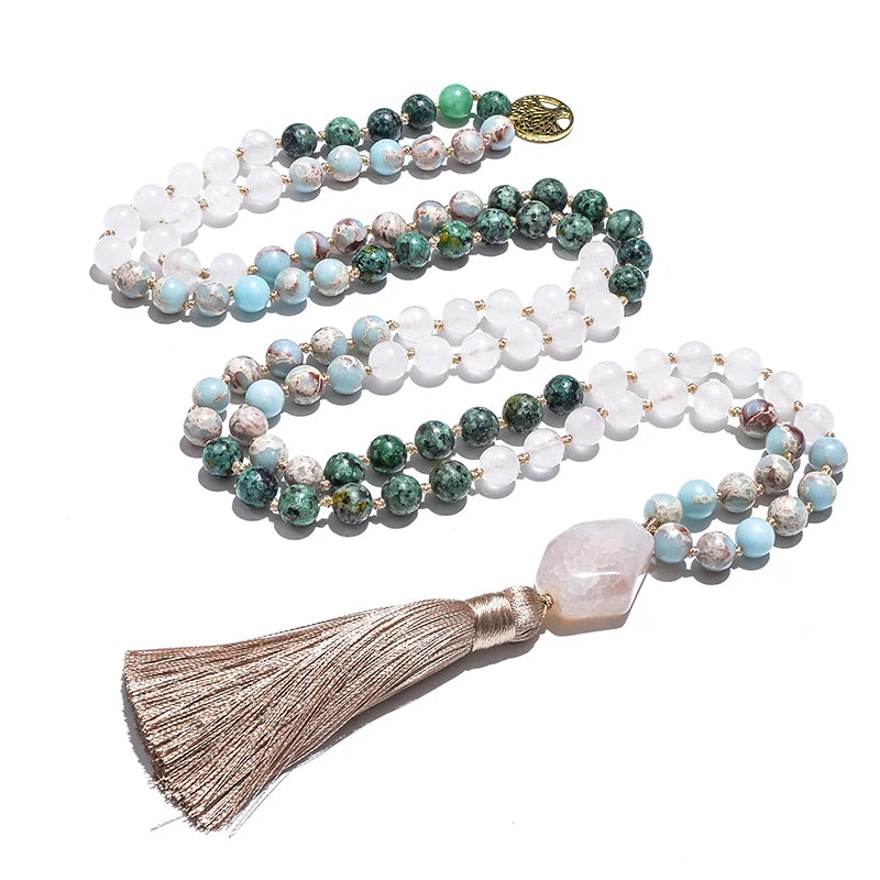 8mm White Jade African Turquoise Emperor Jasper Beads Knotted Japamala Necklace Meditation Yoga Jewelry Set 108 Mala Rosary