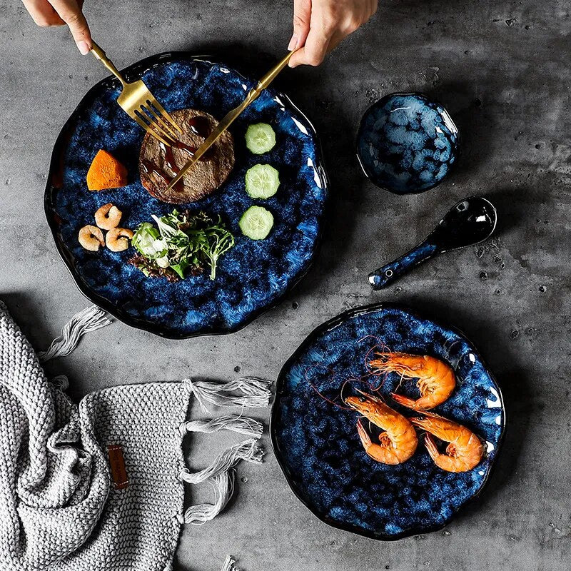 Blue Ceramic Rice Bowl Salad Fish Plate European Dinner Plates Creative Irregular Dishes Home Kitchen Tableware Set Dinnerware