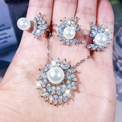 925 Silver New Temperament High-End Group Inlaid White Zircon Fashion Simulation Pearl Shell Beads Pendant Earring Open Ring Set