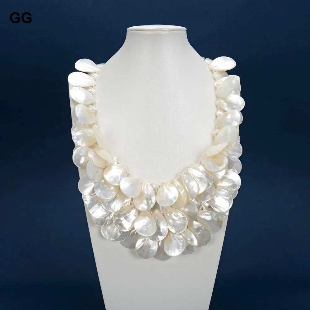 GG Jewelry 3 Strands Natural Huge 20x30MM White Shell MOP Top-drilled Mother Of Pearl Necklace 20" For Women