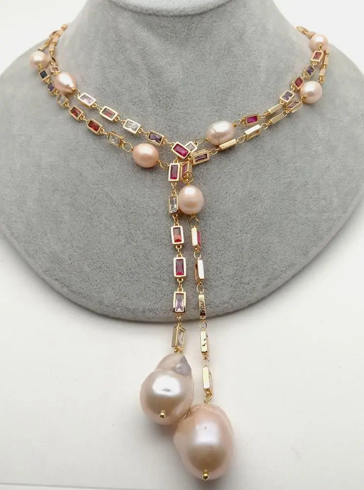 50" Cultured Pink Keshi Pearl Mixed Color Rectangle Cz Pave Long Chain  party sweater chain necklace for women