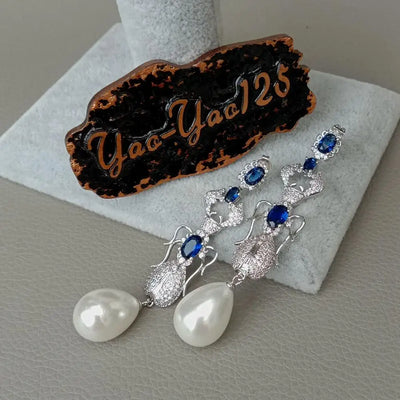 Teardrop White Sea Shell Pearl Blue Cz Pave Insect Stud Earrings