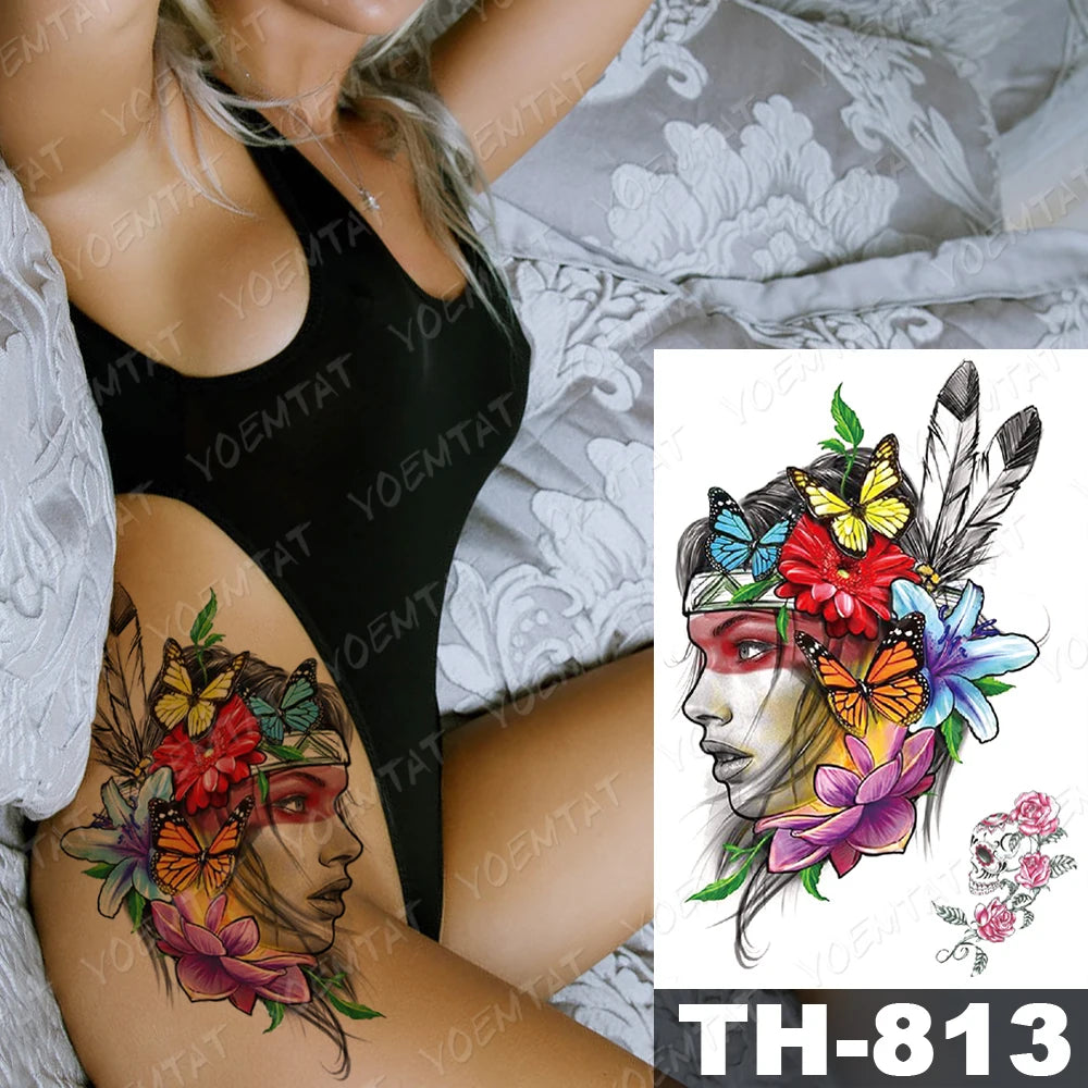 Waterproof Temporary Tattoo Stickers Witch Shaman Indian Wreath Color Flash Tattoos Female Arm Thigh Body Art Fake Sleeve Tatoo