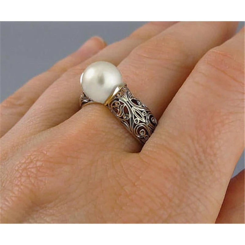 Fashion Imitation Pearl Ring Jewelry Elegant Vintage Pattern Wedding Ring for Women Accessories Party Women's Rings