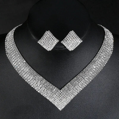 Luxury Crystal Bridal Wedding Jewelry Sets African Beads Silver Color Rhinestone Women Girls Necklace Sets Engagement Party Gift