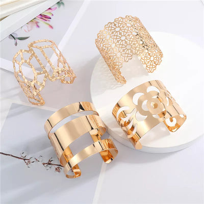 European Shiny Metal Flower Leaf Rhombus Bracelet For Women Men Open Adjustable Wide Cuff Bracelet Party Wedding Jewelry B26