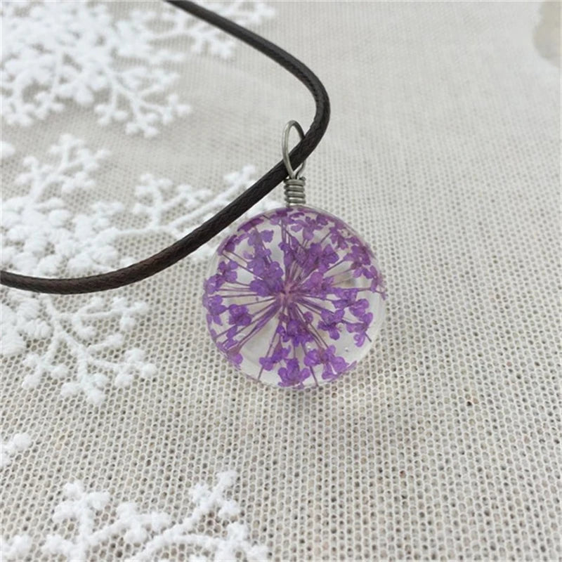 Round Dandelion Dried Flower Pendant Necklace Charm Natural Dandelion Glass Cabochon Transparent Lucky WISH Glass Ball Jewelry