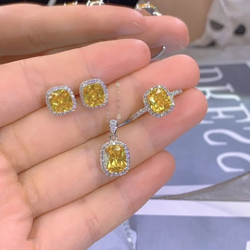 CC Luxury Earring Pendant Ring Set For Women Yellow Cubic Zircon Silver Color Fine Jewelry Accessories Drop Shipping CC594