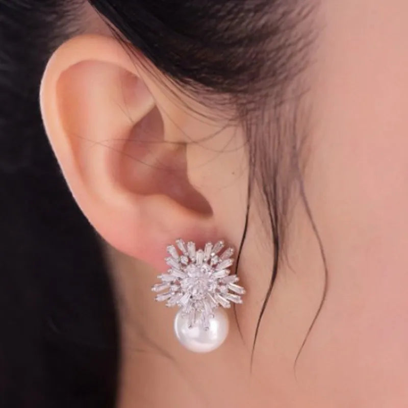 Luxury Cute Austrian Cubic Zirconia Stud Earrings For Women Wedding Fashion Imitation Pearl Snow Flower Bridal Girl Jewelry Gift