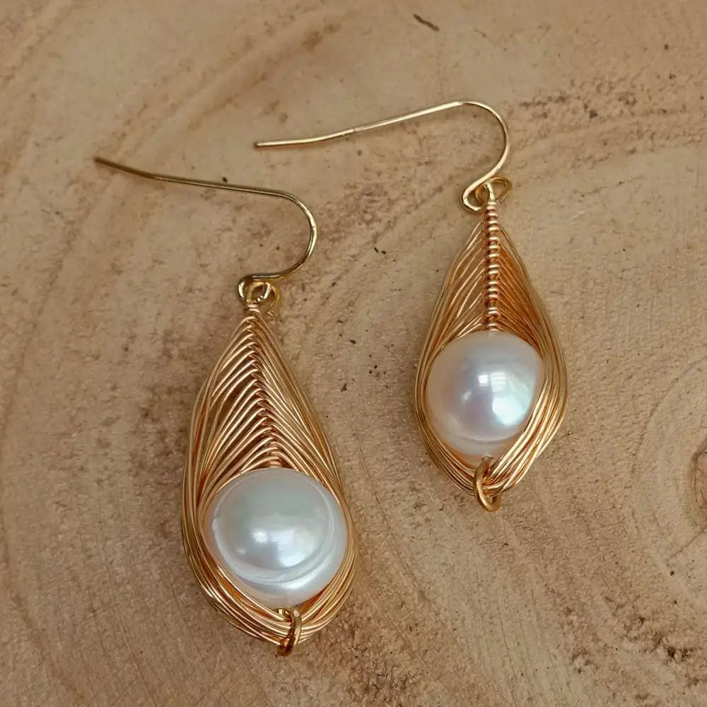 Cultured Whitefreshwater  Pearl  Yellow Gold color Plated Handmade Hook Earrings