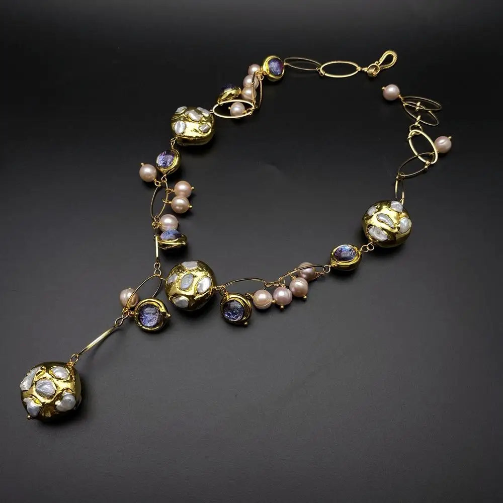 Y·YING Freshwater Cultured White Keshi Pearl Pink Pearl Purple Murano Glass Chain Pearl Y-Drop Necklace