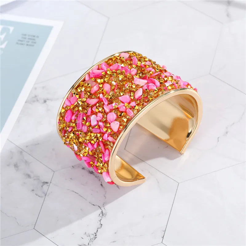 Dayoff European Bohemian Metal Zircon Bracelet Colorful Rhinestone Resin Stone Open Adjustable Wide Cuff Bracelet Women Jewelry