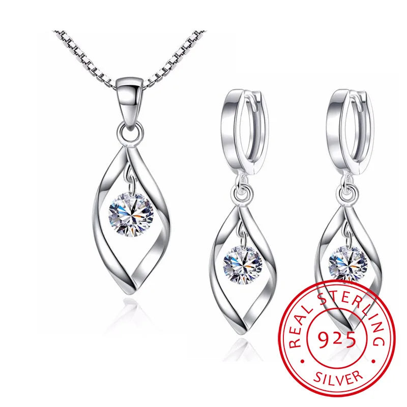 925 Sterling Silver Jewelry Sets Zirconia Twist Water Drop Necklace+Earrings Bijoux For Women Christmas Gift