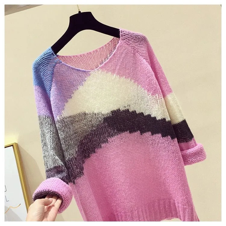 Striped Color-block Knitted Sweater Women Fashion Thin Section Long-sleeved Loose Hollow Lazy Sweater Pullover Female Spring