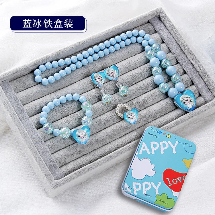 5pcs/set Anime Frozen Elsa Anna Necklace Bracelet ear studs Figure Toys Disney Princess Frozen Accessories Kids Girls Toy Gifts