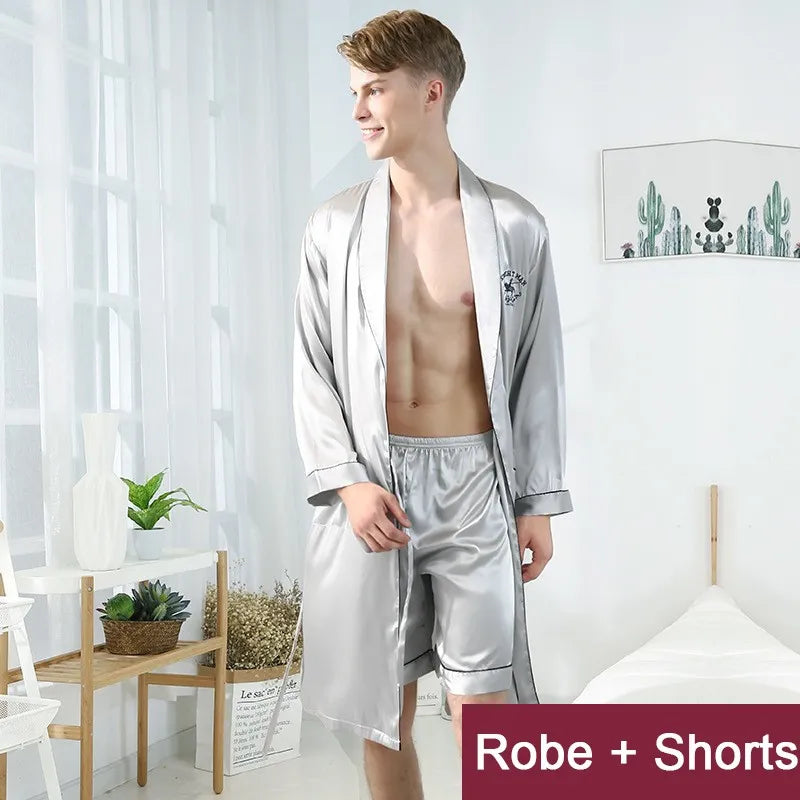 Men Robe Set Satin Loose Kimono Bathrobe Gown  Long Sleeve Autumn Sleepwear Nightgown Bridegroom Wedding Intimate Lingerie