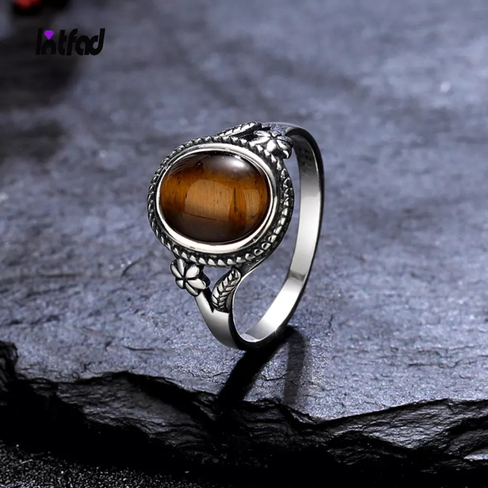 Natural 8*10MM Tiger's Eye Stone Finger Ring Fashion Jewelry Rings for Women Gift 925 Sterling Silver Flower Shaped Ring