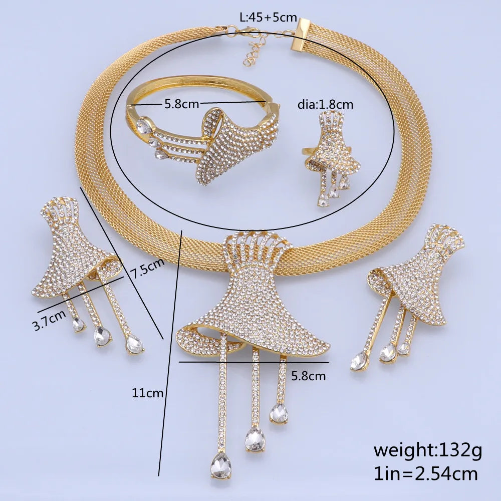 Fashion Dubai Gold Color Crystal Wedding Necklace Bangle Ring Earring Women Italian Bridal Party Costume Jewelry Set