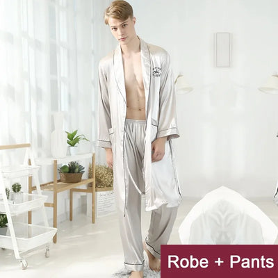 Men Robe Set Satin Loose Kimono Bathrobe Gown  Long Sleeve Autumn Sleepwear Nightgown Bridegroom Wedding Intimate Lingerie