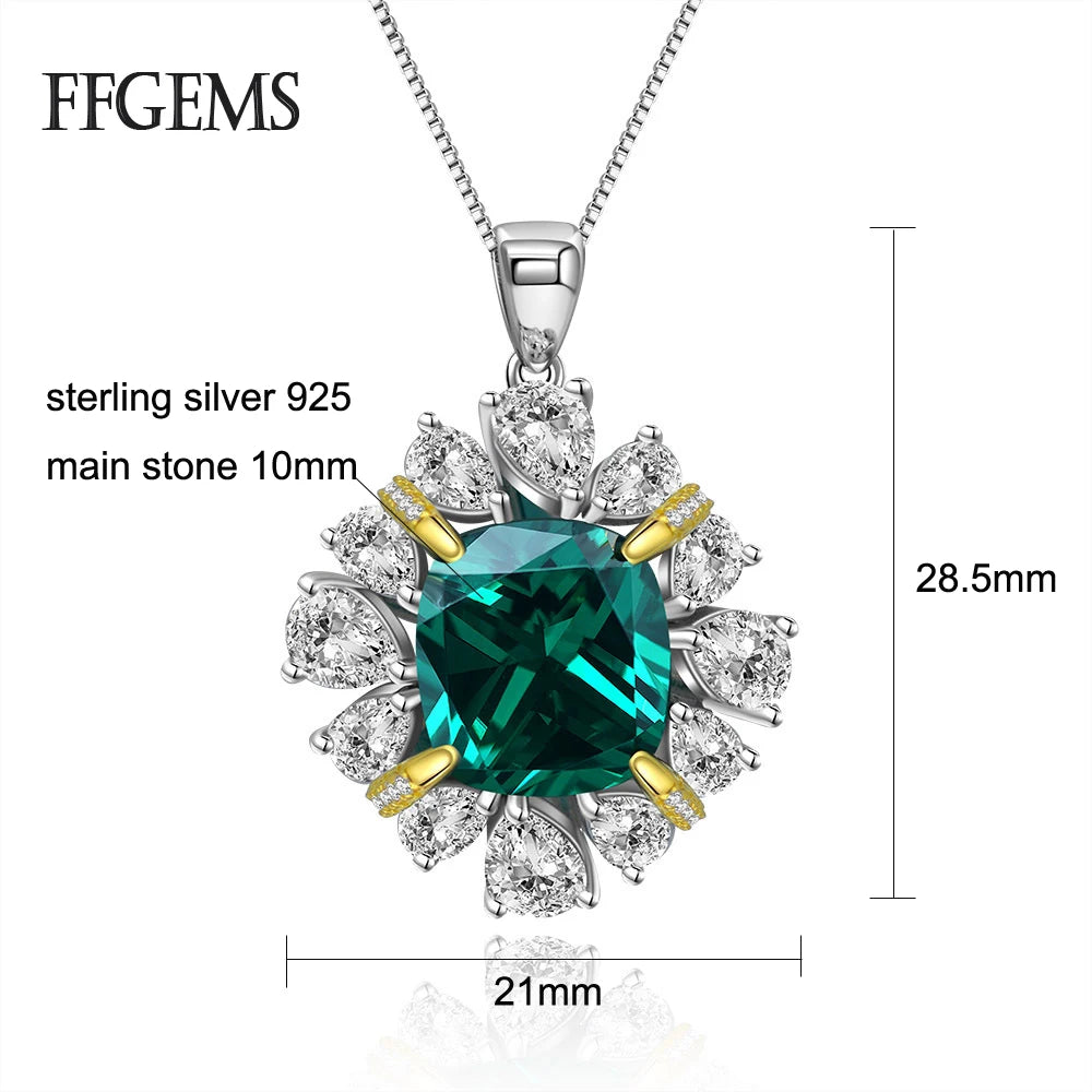 FFGems 925 Sterling Silver Necklace pendant chain Created Moissanite Emerald Gemstone Wedding Engagement Fine Jewelry for women