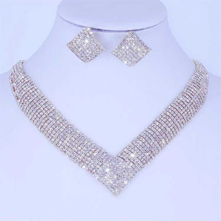 Luxury Crystal Bridal Wedding Jewelry Sets African Beads Silver Color Rhinestone Women Girls Necklace Sets Engagement Party Gift