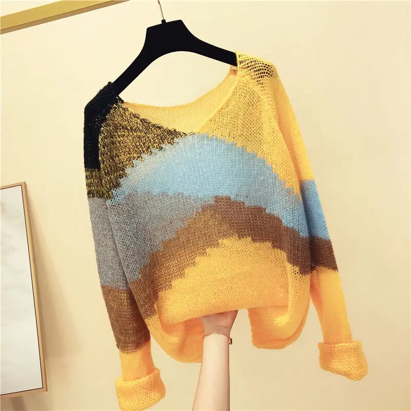 Striped Color-block Knitted Sweater Women Fashion Thin Section Long-sleeved Loose Hollow Lazy Sweater Pullover Female Spring