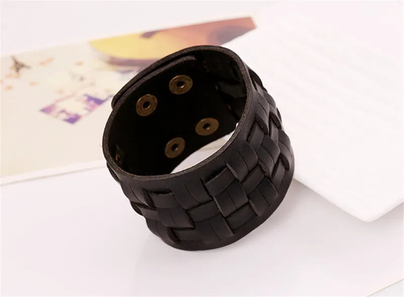 ZORCVENS Handmade Genuine Leather Bracelets Brand Fashion Brown Punk Wide Cuff Bracelets & Bangle for Women Men Jewelry