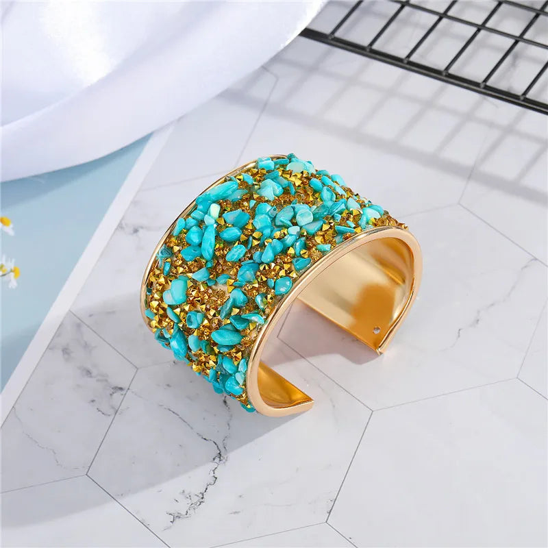 Dayoff European Bohemian Metal Zircon Bracelet Colorful Rhinestone Resin Stone Open Adjustable Wide Cuff Bracelet Women Jewelry