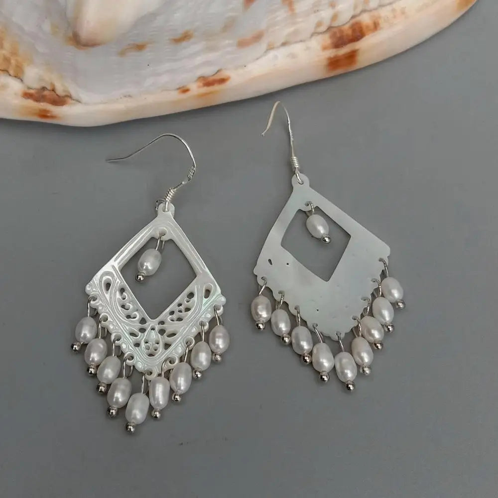 Y·YING Natural White Sea Shell Rhombus Hollow-Carved White Rice Pearl Dangle 925 Silver Hook Earrings