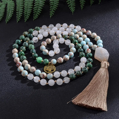 8mm White Jade African Turquoise Emperor Jasper Beads Knotted Japamala Necklace Meditation Yoga Jewelry Set 108 Mala Rosary