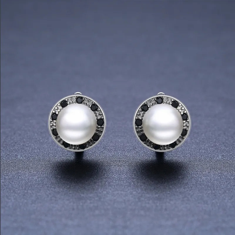 Black Awn 2022 New Round pearl Hoop Earrings for Women Classic Silver Color Trendy Spinel Engagement Jewelry I223