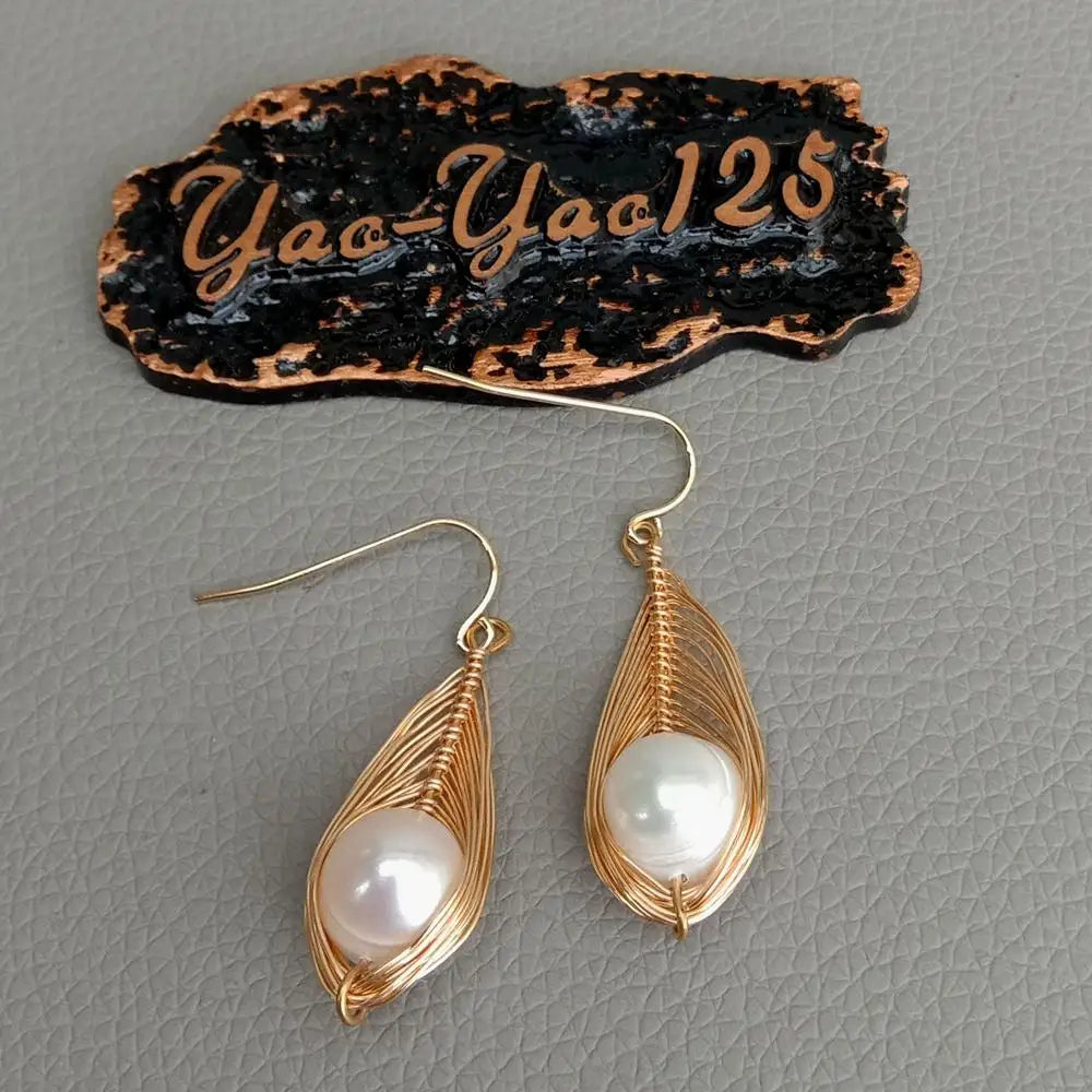 Cultured Whitefreshwater  Pearl  Yellow Gold color Plated Handmade Hook Earrings