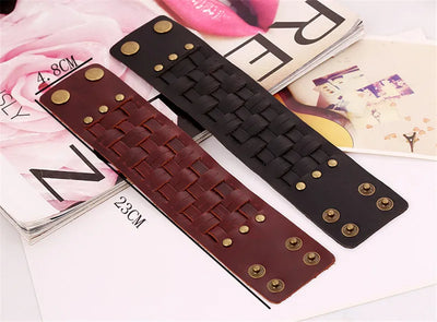 ZORCVENS Handmade Genuine Leather Bracelets Brand Fashion Brown Punk Wide Cuff Bracelets & Bangle for Women Men Jewelry