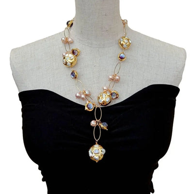 Y·YING Freshwater Cultured White Keshi Pearl Pink Pearl Purple Murano Glass Chain Pearl Y-Drop Necklace