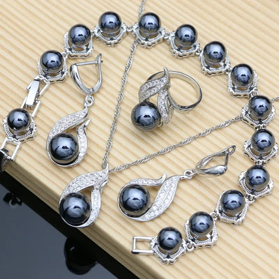 Black Pearls 925 Silver Jewelry Sets for Women Luxury Pearl Beads Bracelet Line Design Earring Ring Necklace for Lady Party Gift