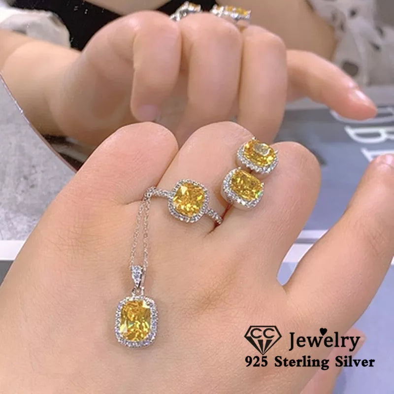 CC Luxury Earring Pendant Ring Set For Women Yellow Cubic Zircon Silver Color Fine Jewelry Accessories Drop Shipping CC594