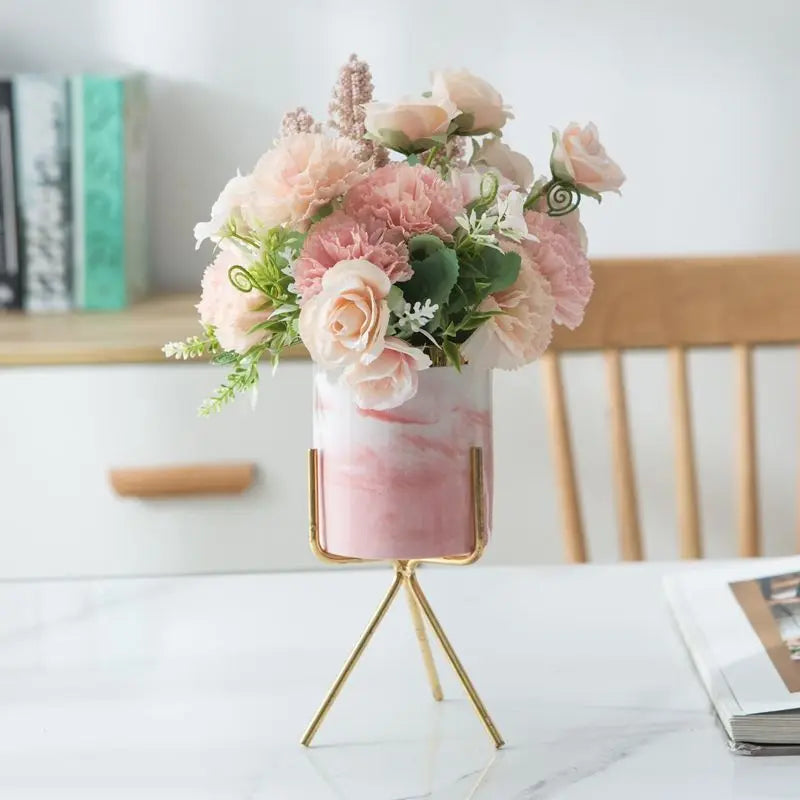 Nordic Ceramic Iron Art Marble Vase Pattern Rose Gold Green Table Plant Pot For Home Office Vases Decor Succulent Flower Pot