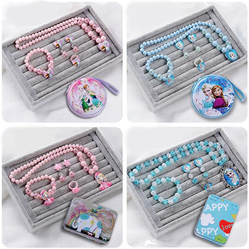 5pcs/set Anime Frozen Elsa Anna Necklace Bracelet ear studs Figure Toys Disney Princess Frozen Accessories Kids Girls Toy Gifts