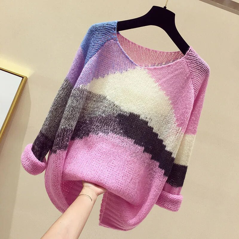 Striped Color-block Knitted Sweater Women Fashion Thin Section Long-sleeved Loose Hollow Lazy Sweater Pullover Female Spring