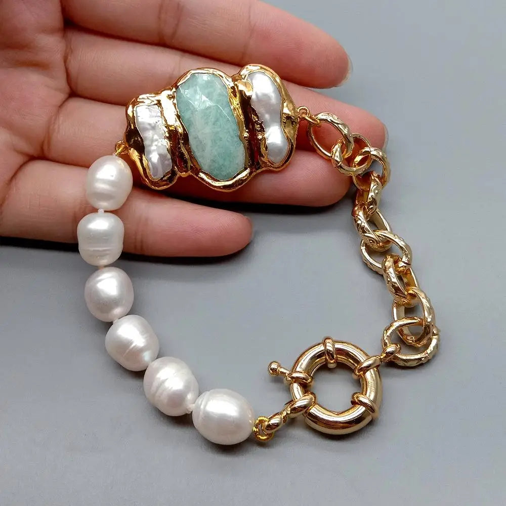 Y.YING natural Cultured White Rice Pearl Amazonite Biwa Pearl Chain Bracelet  8"  vintage style for women