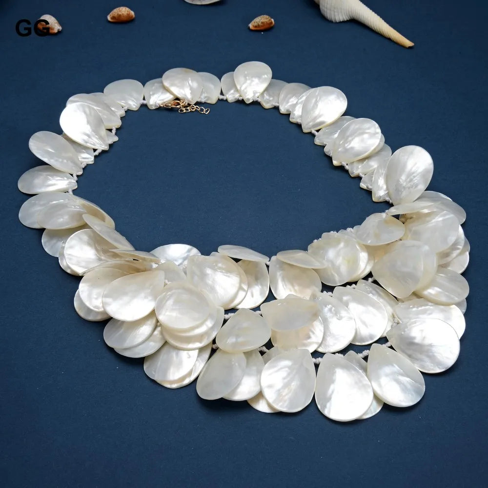 GG Jewelry 3 Strands Natural Huge 20x30MM White Shell MOP Top-drilled Mother Of Pearl Necklace 20" For Women