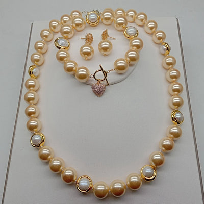 Champagne Sea Shell Pearl Cultured White Pearl Electroplated Necklace Bracelet Earrings Set Women Jewelry