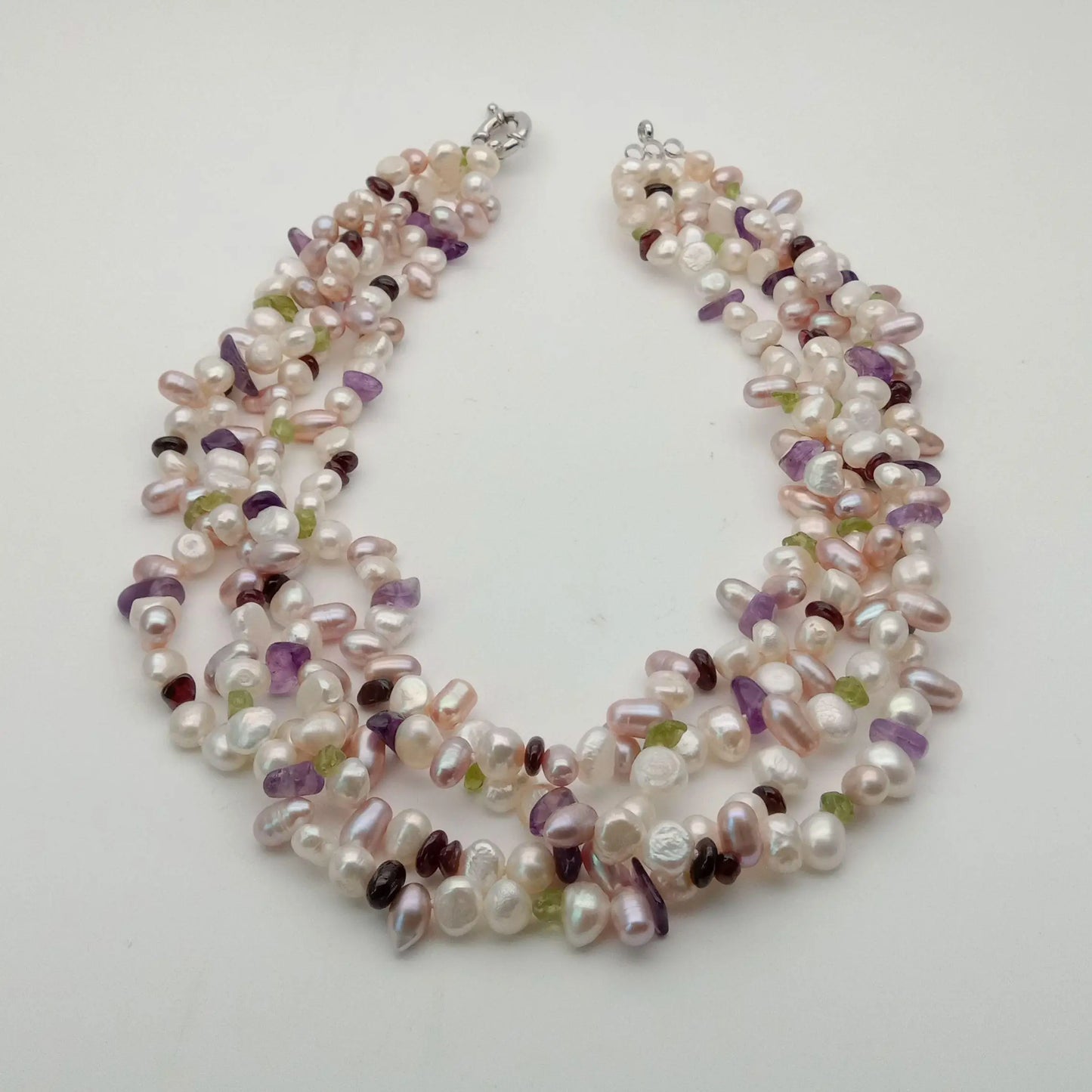 YYGEM 4 Strands 19'' Pearl Prehnite Amethyst Garnet Necklace